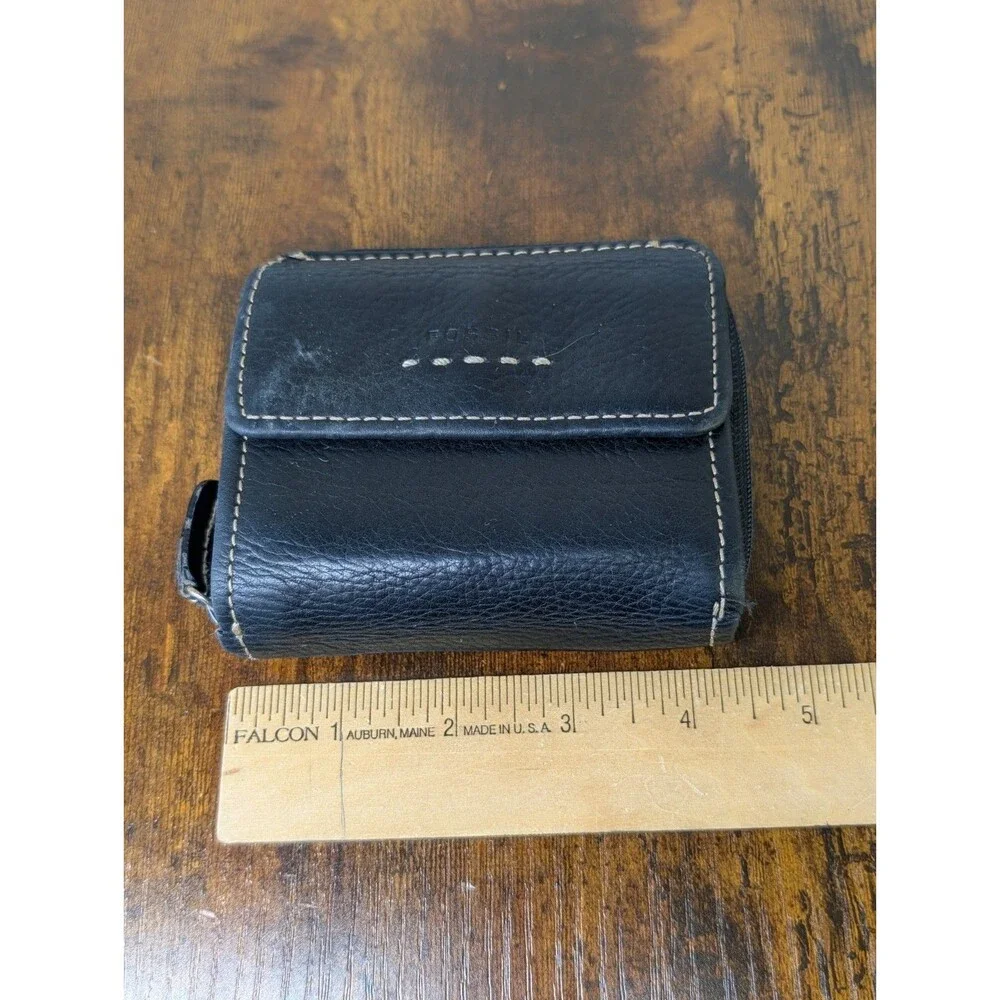 Fossil Trifold Wallet Pop Stitch Y2K Black Soft Pebbled Leather Change